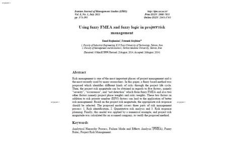 ترجمه مقاله Using fuzzy FMEA and fuzzy logic in project risk management،استفاده از FMEA فازی و منطق فازی در مدیریت ریسک پروژه 